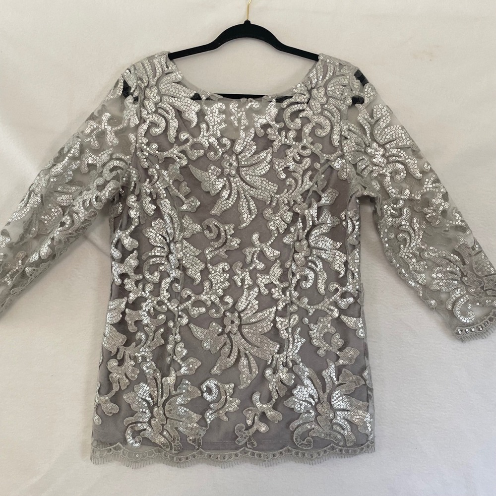 Marina Sequin Women Dress Cocktail Party Made in USA Silver Gray L
